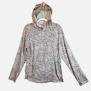 Enlighten Womens XL Pink Blue Abstract Hood Long Sleeve Top athletic thumb holes